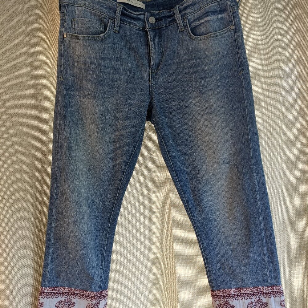 Pilero and the Letterpress Light Denim Distress Blue Jeans, Paisly Fringe, W34